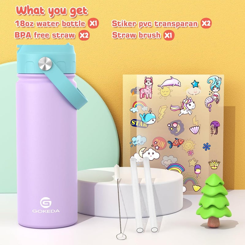 GOKEDA 18oz Kids Water Bottle, Insulated Water Bottles with Stickers, 18/8 Stainless Steel Vacuum Leak Proof Straw Cup for School, Gifts for Girls(Purple) - Image 1